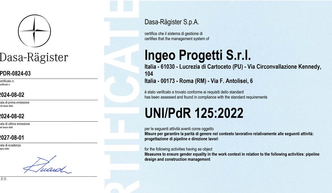 Ingeo Progetti Obtains UNI PDR 125:2022 Certification