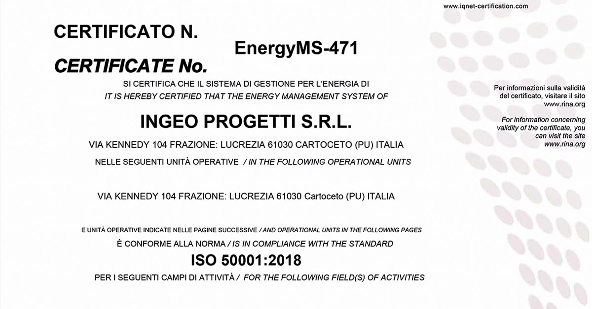 ingeo progetti ottiene la certificazione iso 50001